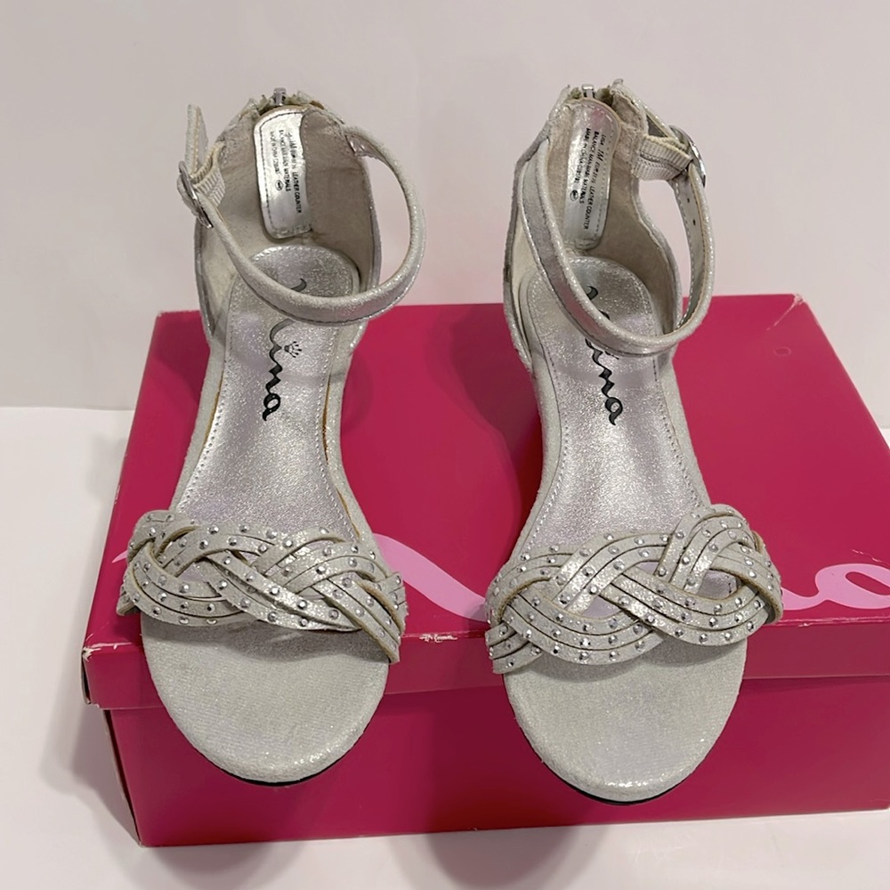 Nina Girls Wedge Heel Ankle Strap Silver Shimmer Dress shoes SZ 1M